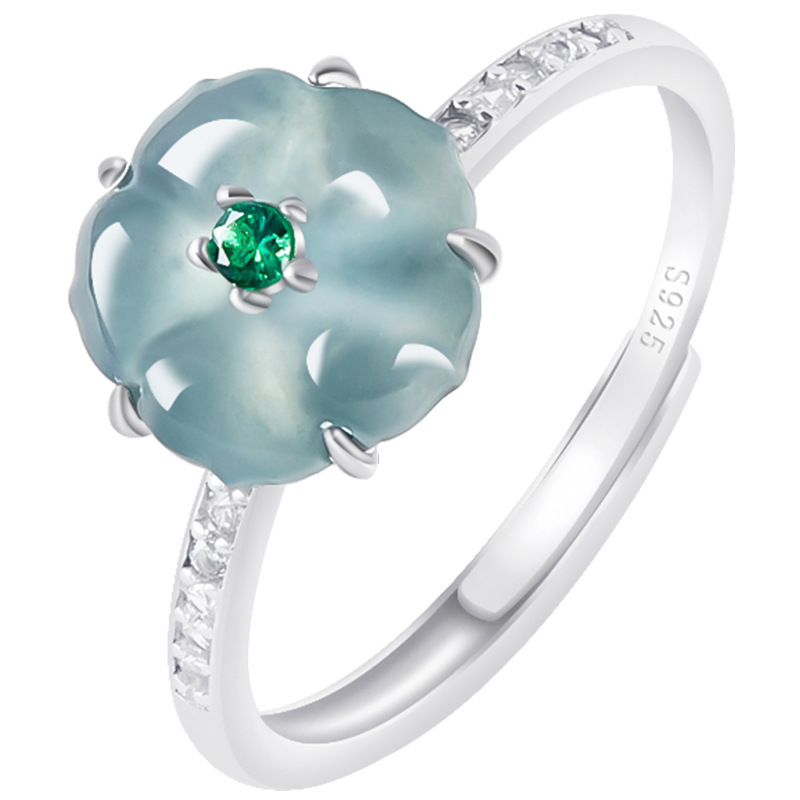 Women Accessories To Gift - Blauwe Birmese Jadeiet Bloemenringen 925 Zilver
